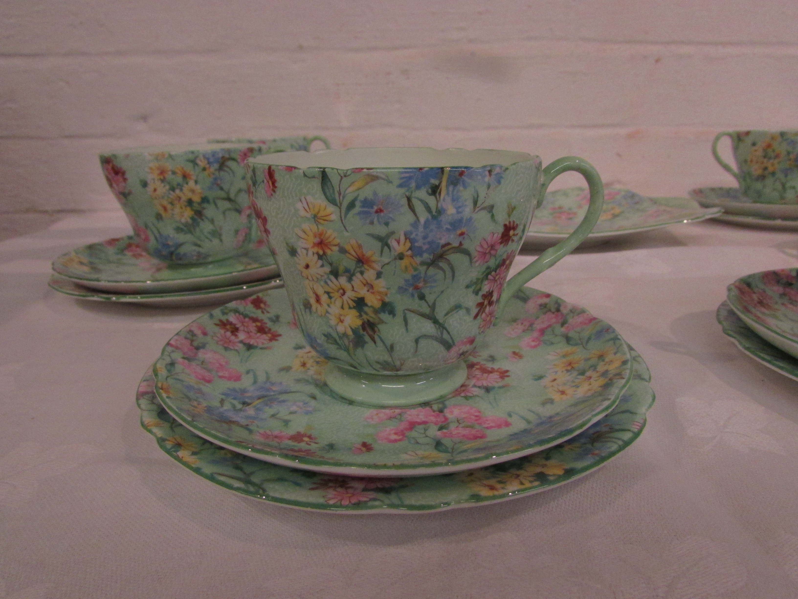 Shelley Melody tea set comprising six cups, saucers and side plates, a square serving plate, milk - Image 5 of 6