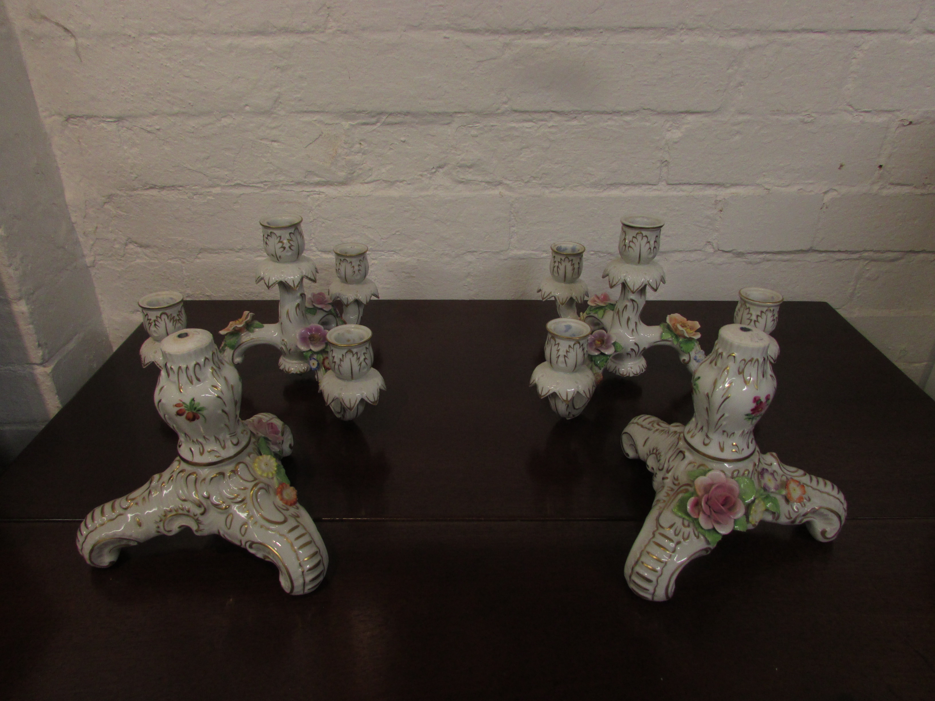 Pair of Porzellan Manufaktur Plaue floral encrusted candle holders, three-branch with central - Image 6 of 7