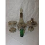 Seven silver and white metal mounted dressing table jars and bottles - a pair of jars with scallop