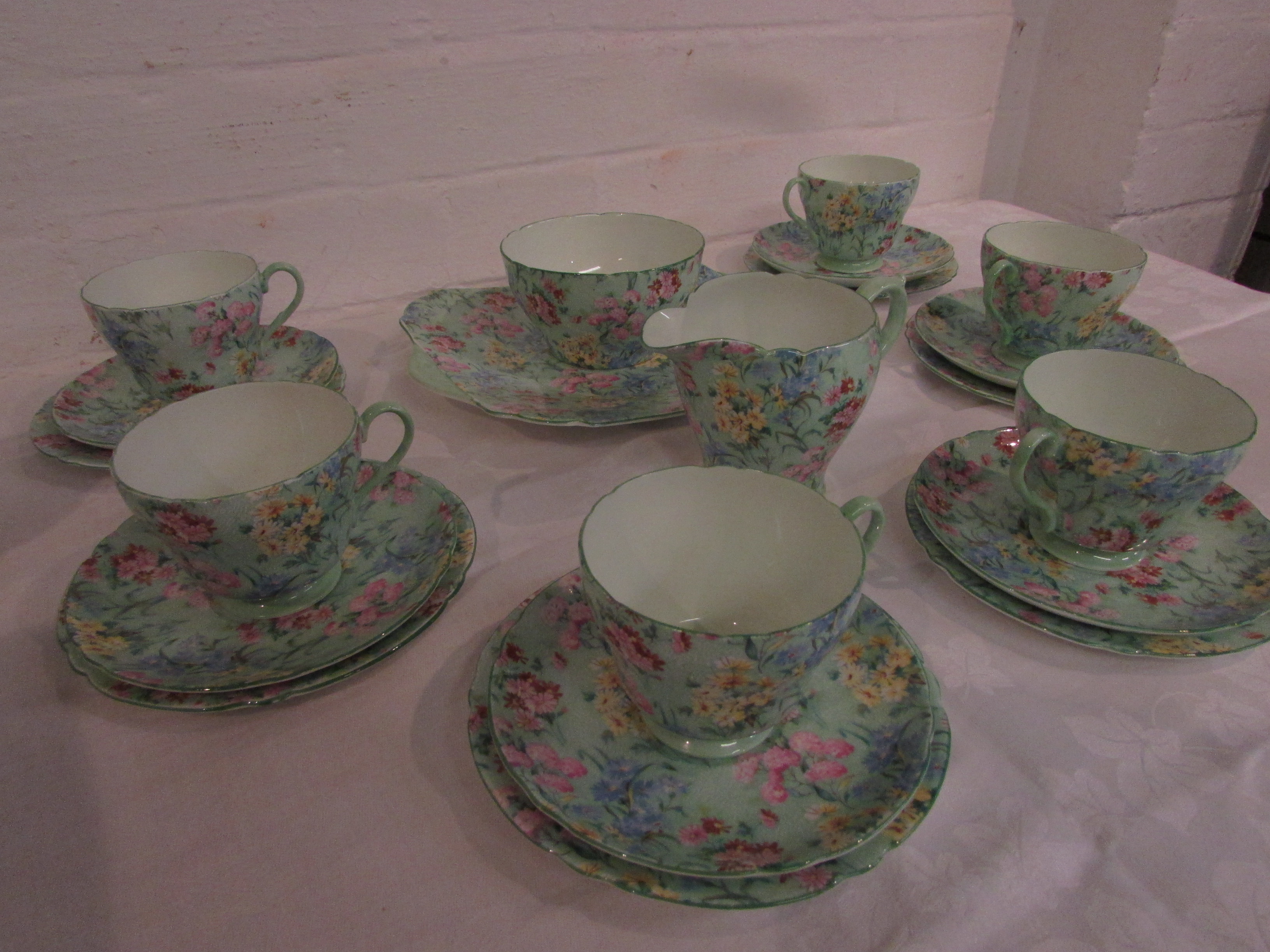 Shelley Melody tea set comprising six cups, saucers and side plates, a square serving plate, milk - Image 2 of 6