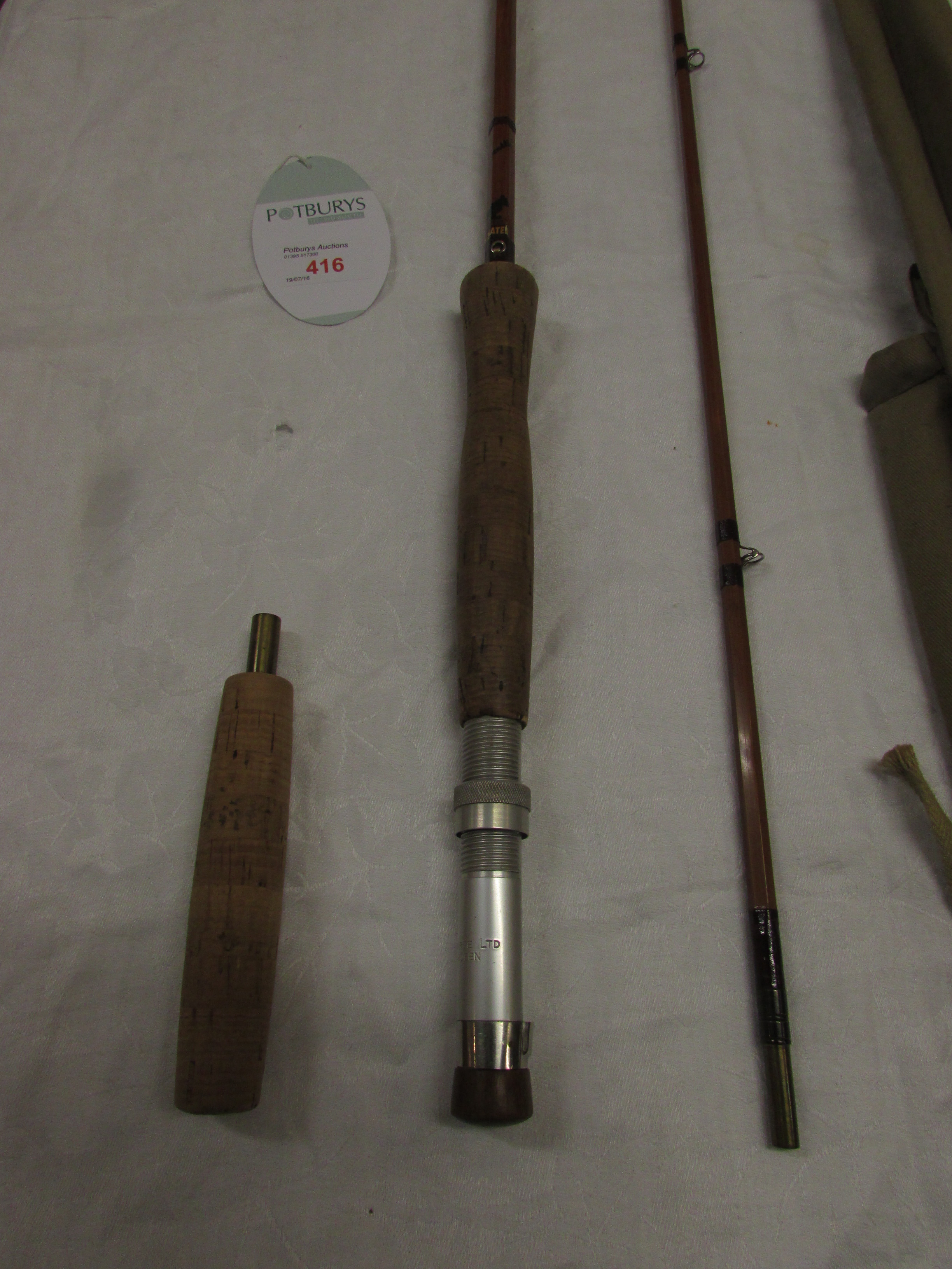 J S Sharpe 9.5' two-piece Scottie impregnated fishing rod with cork handle, 291cm, with canvas bag - Image 2 of 4