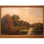 Oil on canvas river landscape, indistinct signature lower left, (39cm x 59cm), in a gilt frame,