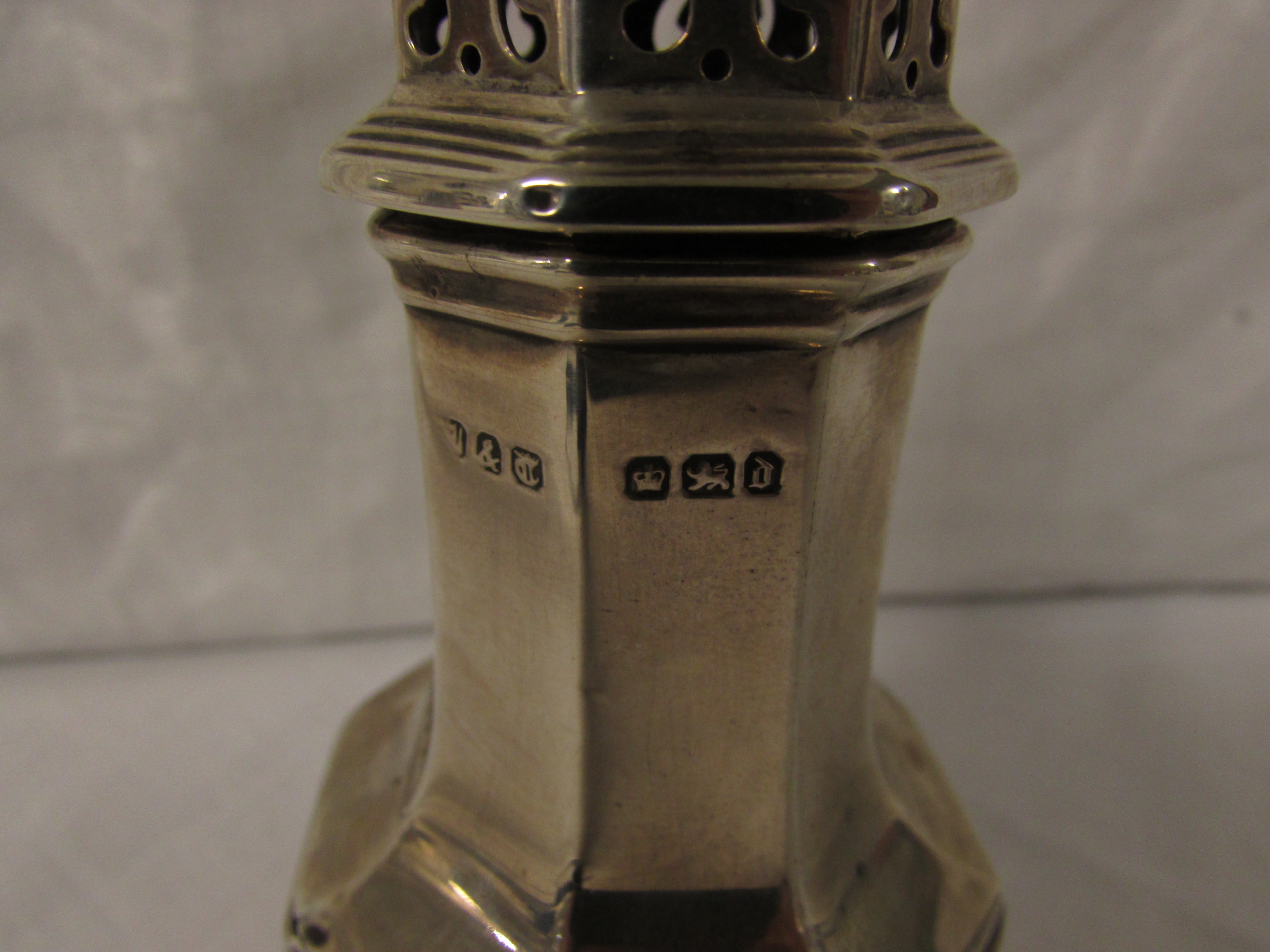 A late Victorian silver sugar caster of octagonal baluster form, marks for Sheffield, 1896, - Image 3 of 3