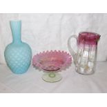 A Victorian pink and green glass bon bonier with crepe rim (diameter 15cm); a blue and white