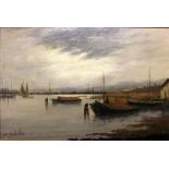 F Schiller - river and barges, oil on canvas, signed lower left, 36.5cm x 57cm, in a modern gilt