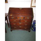 George III cross-banded oak fully fitted bureau with original escutcheons and brass handles, the