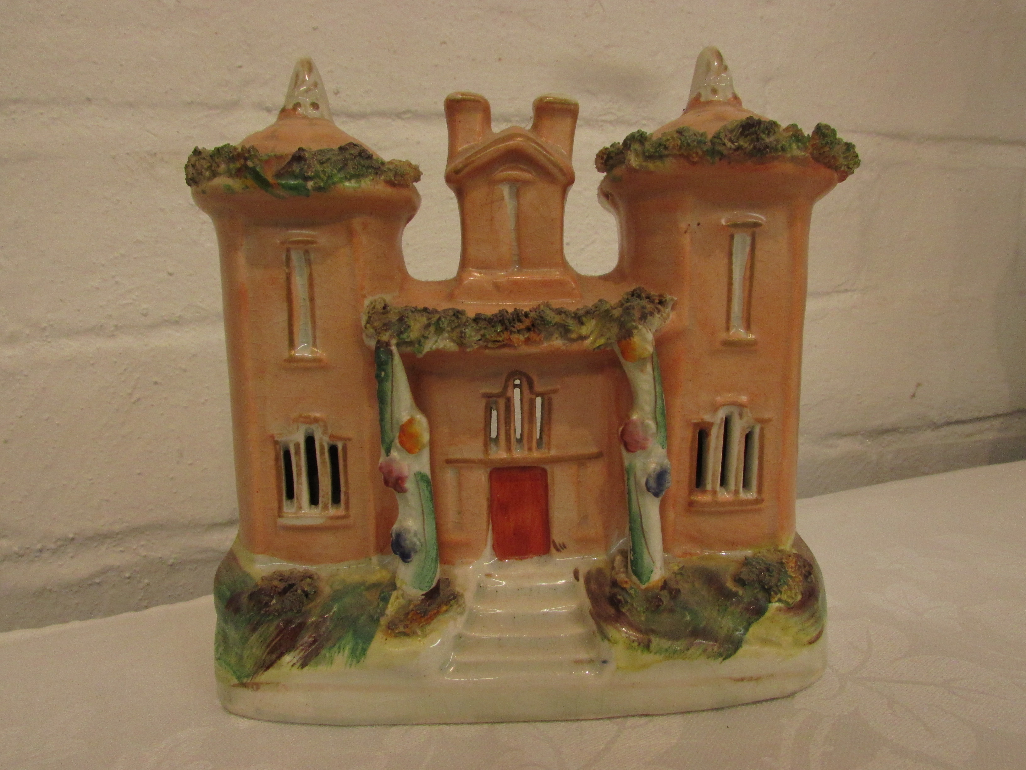 19th century Staffordshire pottery turreted castle pastille burner (height 15.5cm), a - Image 2 of 7