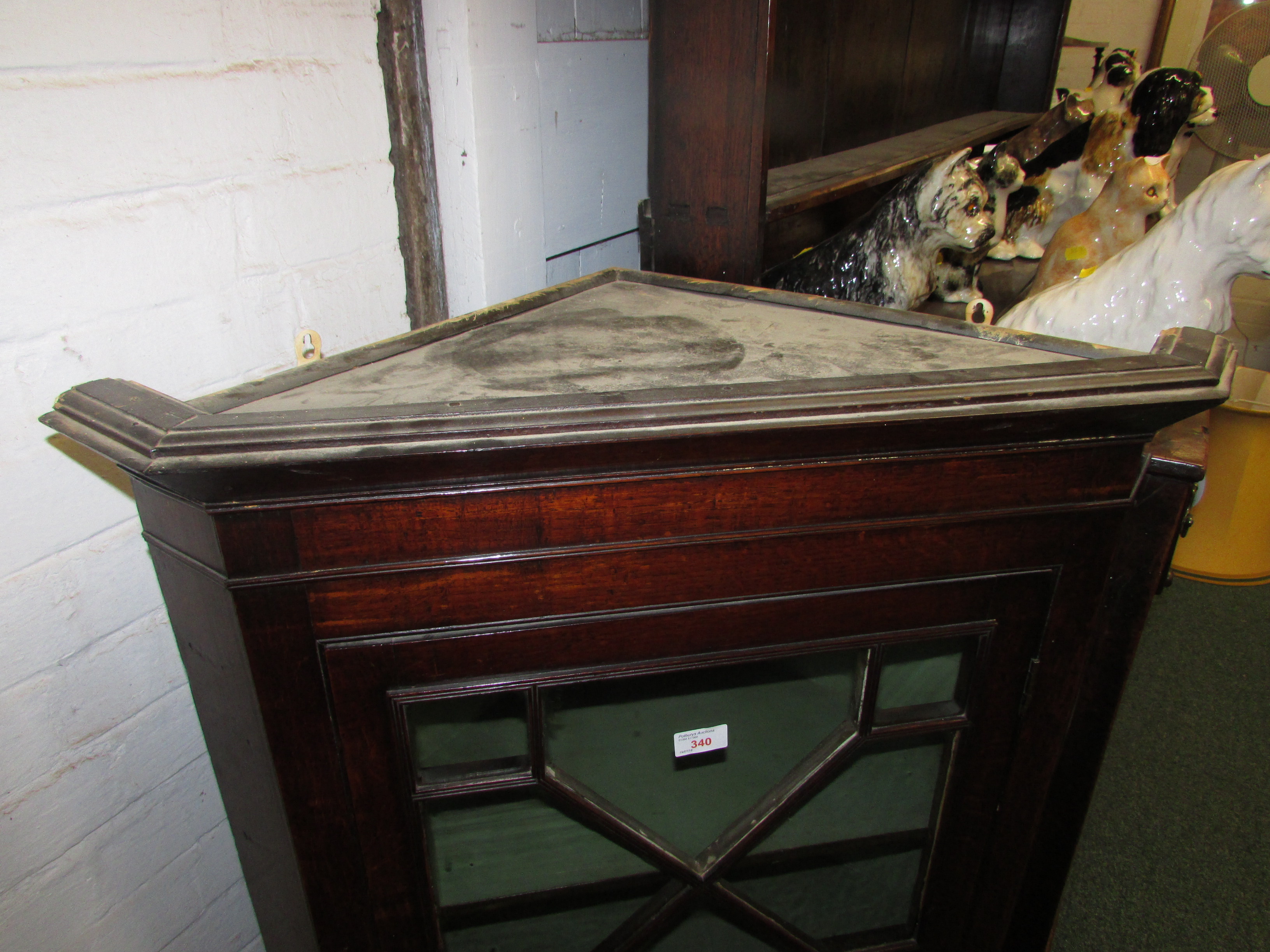 George III oak corner wall cupboard with geometrically glazed door with two shelves within, key in - Image 2 of 4