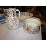 Pottery toilet set comprising bowl (diameter 38.5cm) jug (height 29.5cm) and chamber pot, buff