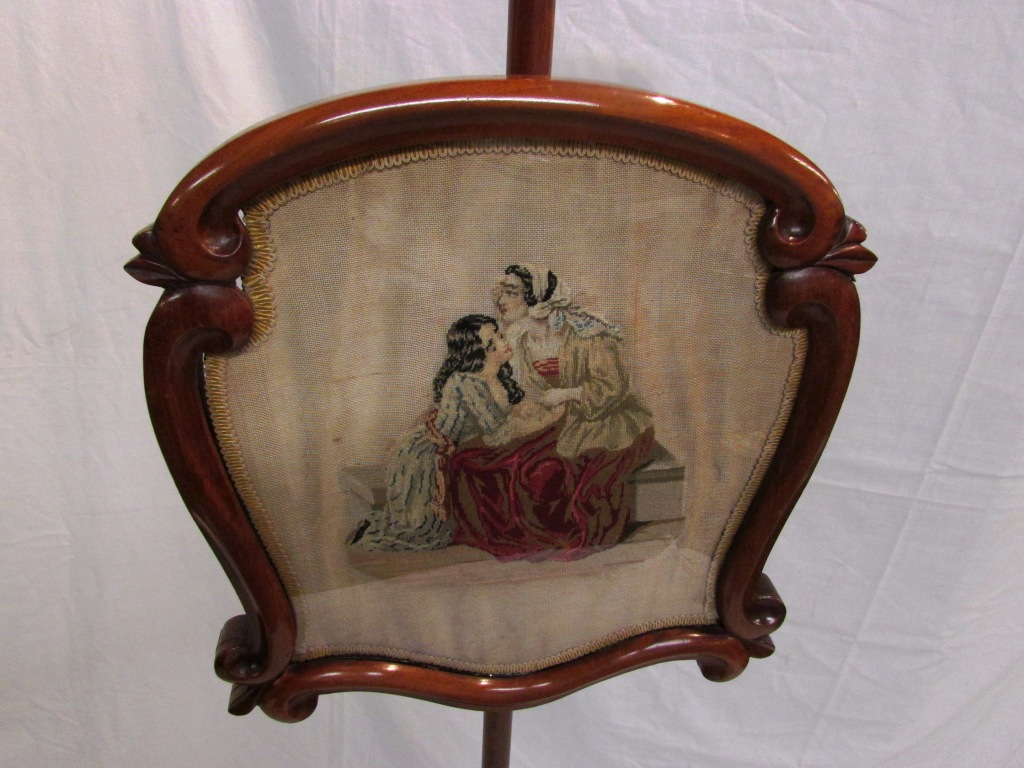 Victorian mahogany pole fire screen, the shield shaped screen (38cm x 36cm) depicting seated woman - Image 2 of 5