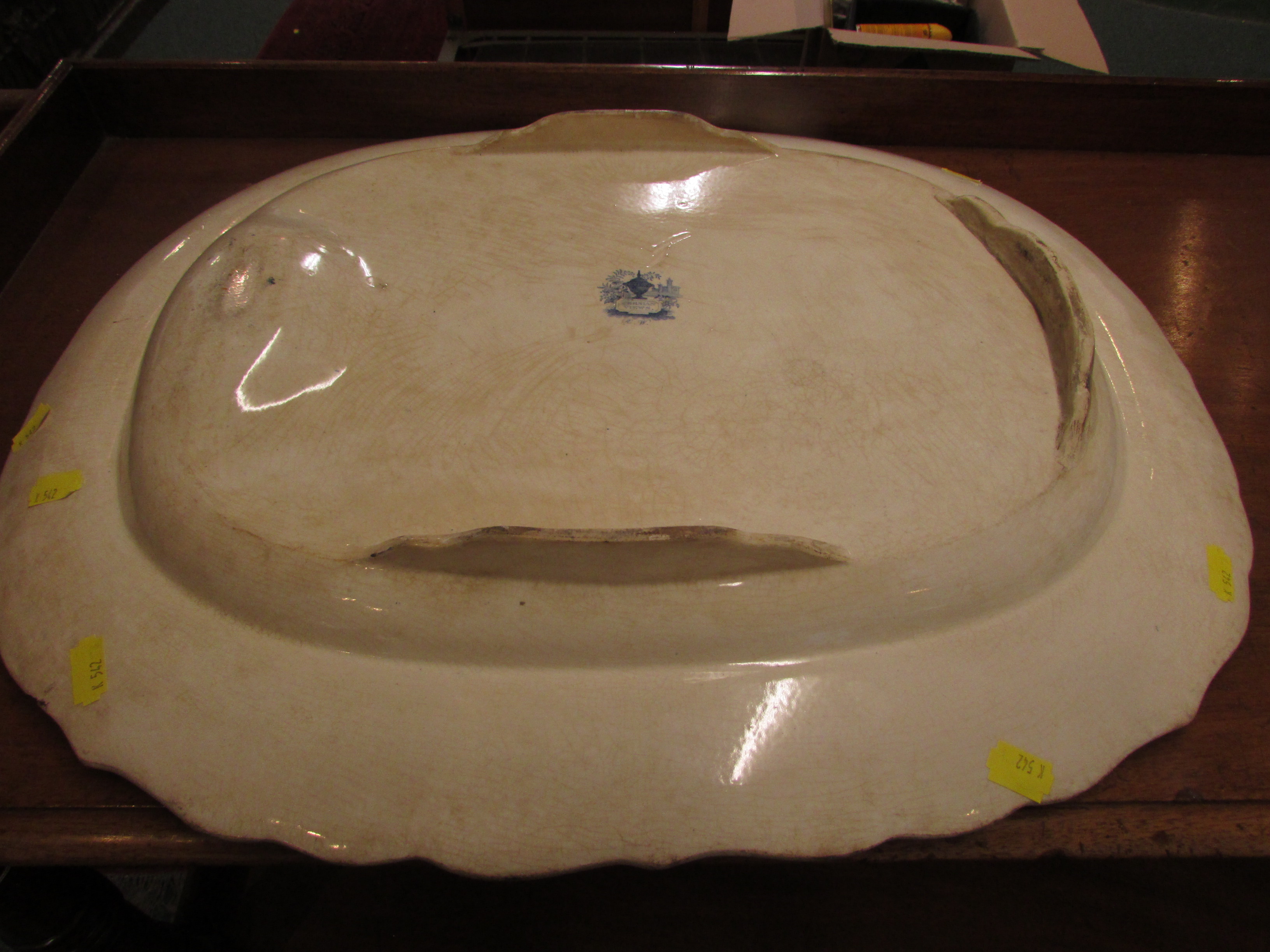 A large pottery meat or turkey plate, 19th century and transfer decorated in blue on white, the base - Image 4 of 5
