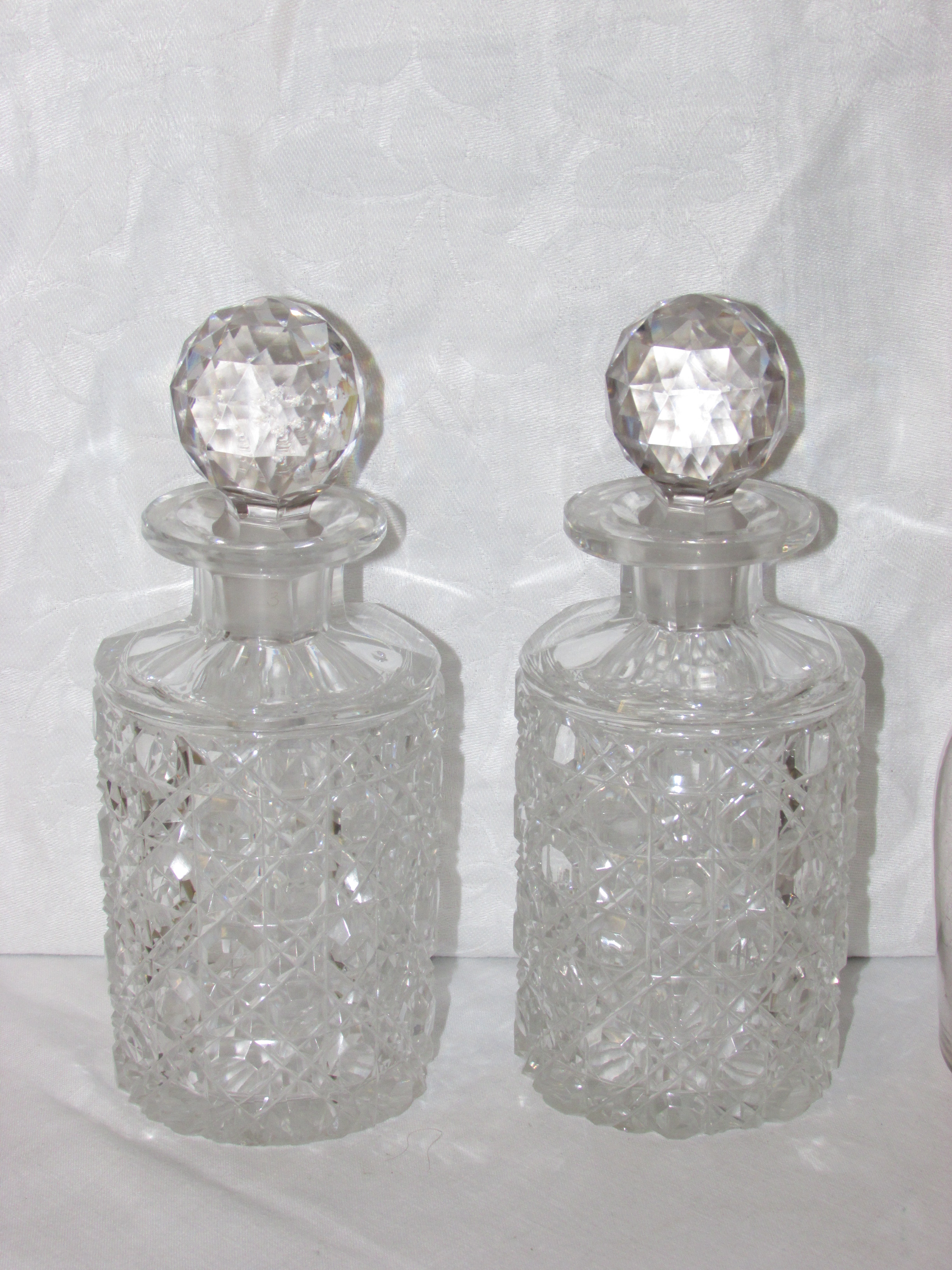 Two heavily cut glass spirit decanters and stoppers, engraved glass milk jug and wine decanter - Image 2 of 3