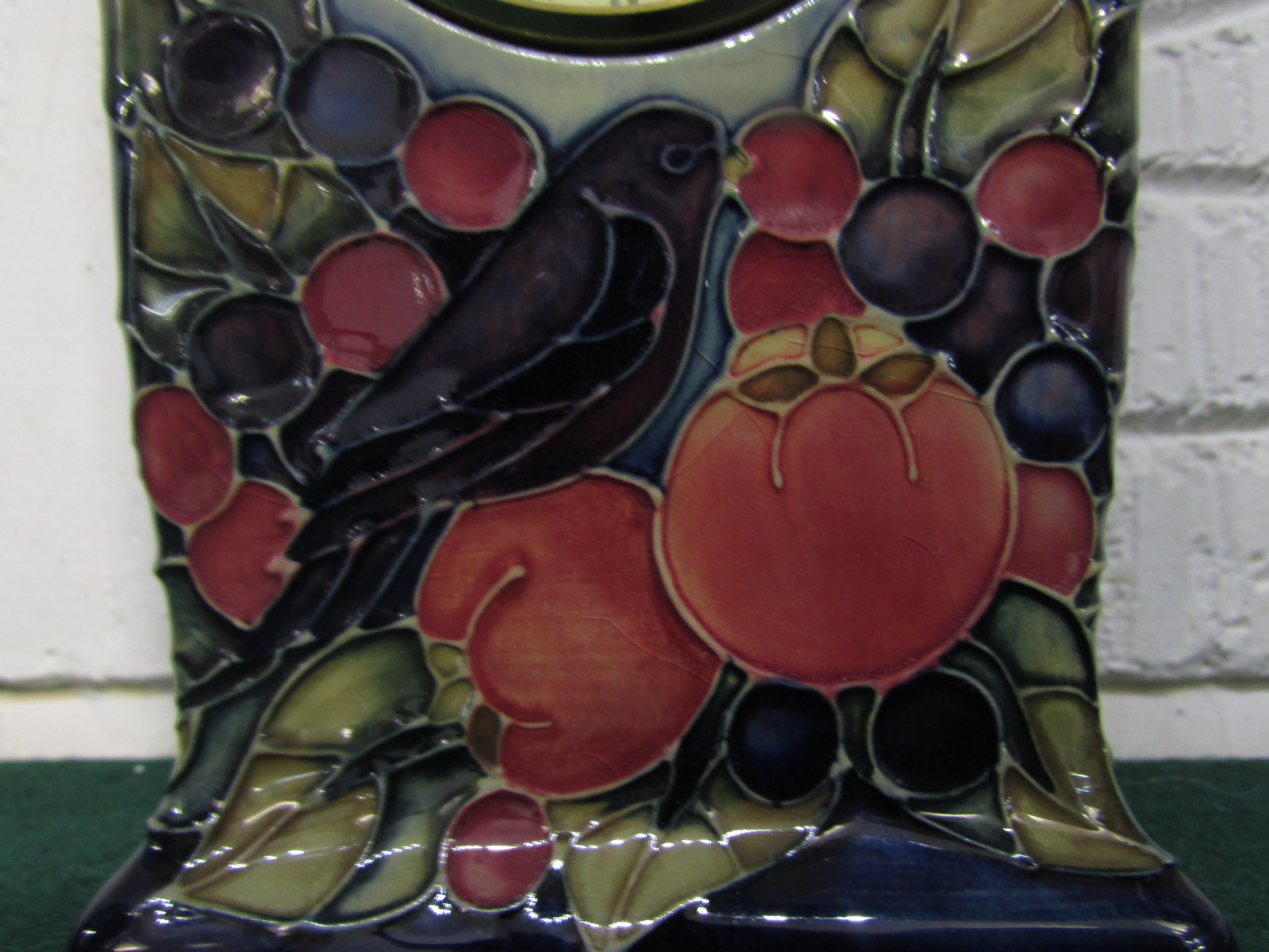 Moorcroft pottery mantel clock, blue graduating to green with fruits and bird, height 15.5cm, - Image 2 of 4