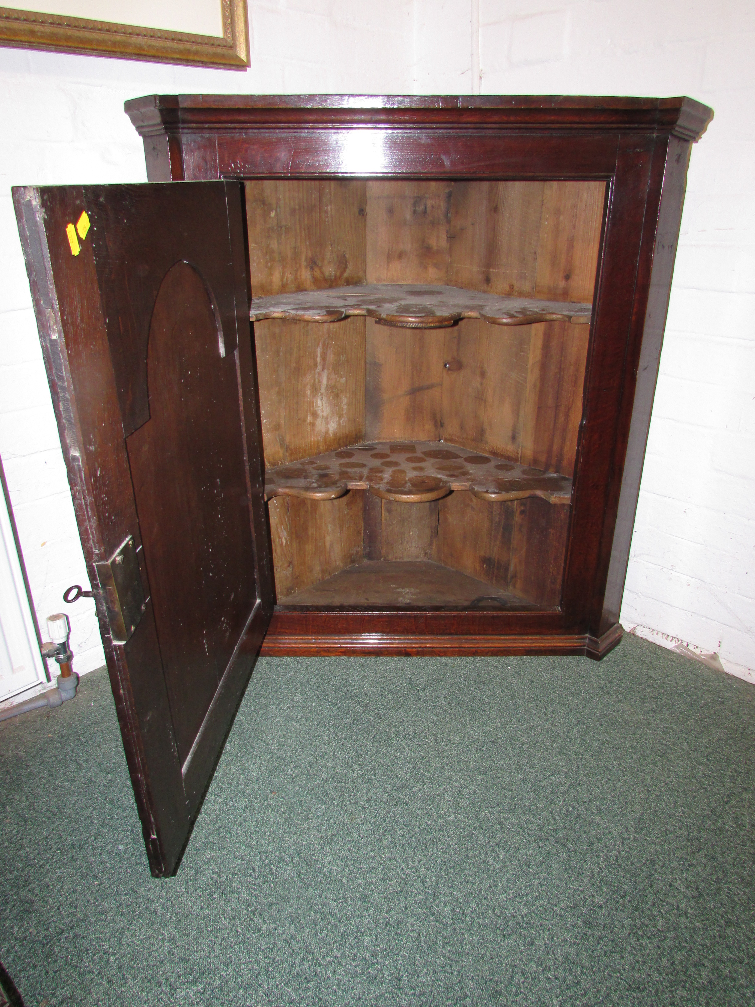 George III oak corner cabinet, the single door with arched moulding and on iron H hinges, engraved - Image 2 of 4