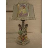 German porcelain figural table lamp with lithophane shade, the column adorned with boy and girl with