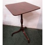 Slender late 19th century mahogany tripod single pedestal table with square top, the graceful S