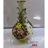 EARLY 19TH CENTURY DERBY VASE, WHITE AND ENCRUSTED WITH FLOWERS, RED CROWN STAMP TO BASE (A/F)