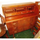 MID CENTURY TEAK AND ROSEWOOD VENEERED ROLL-TOP BUREAU WITH THREE DRAWS (TWO KEYS IN OFFICE)