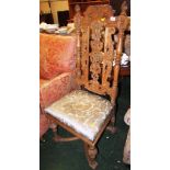 ELABORATELY CARVED LIGHTWOOD HALL CHAIR WITH UPHOLSTERED SEAT