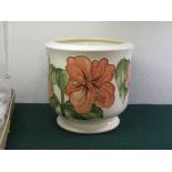 MOORCROFT CREAM GLAZED PLANTER WITH PALE RED STYLIZED FLOWERS, BASE MARKED W.M AND STAMPED FACTORY