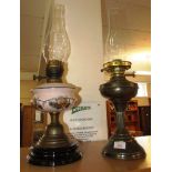 BRASS OIL LAMP AND BRASS AND OPAQUE GLASS OIL LAMP WITH CAST METAL BASE