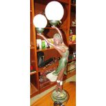 REPRODUCTION ART DECO STYLE BRONZE EFFECT FIGURAL TABLE LAMP WITH TWO OPAQUE GLASS SHADES