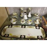 NORITAKE PORCELAIN DRESSING TABLE SET COMPRISING TRAY, RING STAND, CANDLESTICKS AND LIDDED JARS (TEN