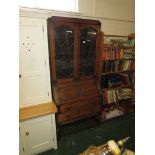 ART DECO STYLE OAK BUREAU BOOKCASE WITH SUNBURST GLAZED AND LEADED DOORS TO TOP SECTION (KEYS IN