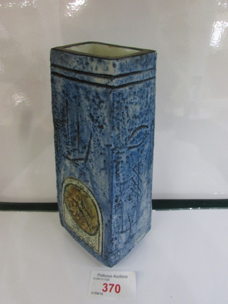 SMALL TROIKA POTTERY VASE OF TAPERING RECTANGULAR SECTION, GLAZED IN BLUES AND BROWNS, MARKED TROIKA - Image 2 of 3