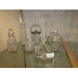 SELECTION OF EARLY GLASSWARE INCLUDING TWO CHAMBERED OIL POURERS WITH WHITE METAL COLLARS, LIDDED