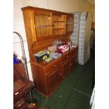 HONEY PINE DRESSER WITH TWO GLAZED DOORS TO TOP AND THREE DRAWERS AND DOORS TO BASE