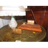 LEATHER CLAD DESK STAND WITH GLASS INKWELL AND BAKELITE PEN HOLDER, DESK CALENDAR AND CERAMIC