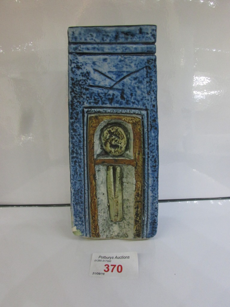 SMALL TROIKA POTTERY VASE OF TAPERING RECTANGULAR SECTION, GLAZED IN BLUES AND BROWNS, MARKED TROIKA