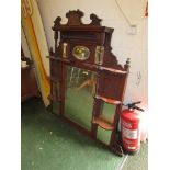 ORNATE MAHOGANY OVERMANTLE MIRROR WITH COLUMNS AND SHELVING (A/F)