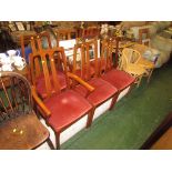 SIX TEAK FRAMED DINING CHAIRS WITH UPHOLSTERED SEAT PADS INCLUDING TWO CARVERS (ONE A/F)