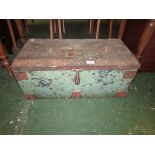 PAINTED PINE METAL BANDED BOX WITH CONTENTS OF HAND TOOLS