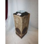 TALL TROIKA POTTERY VASE OF SQUARE SECTION, GLAZED IN BROWNS WITH DARK BROWN CIRCLES AND DARK