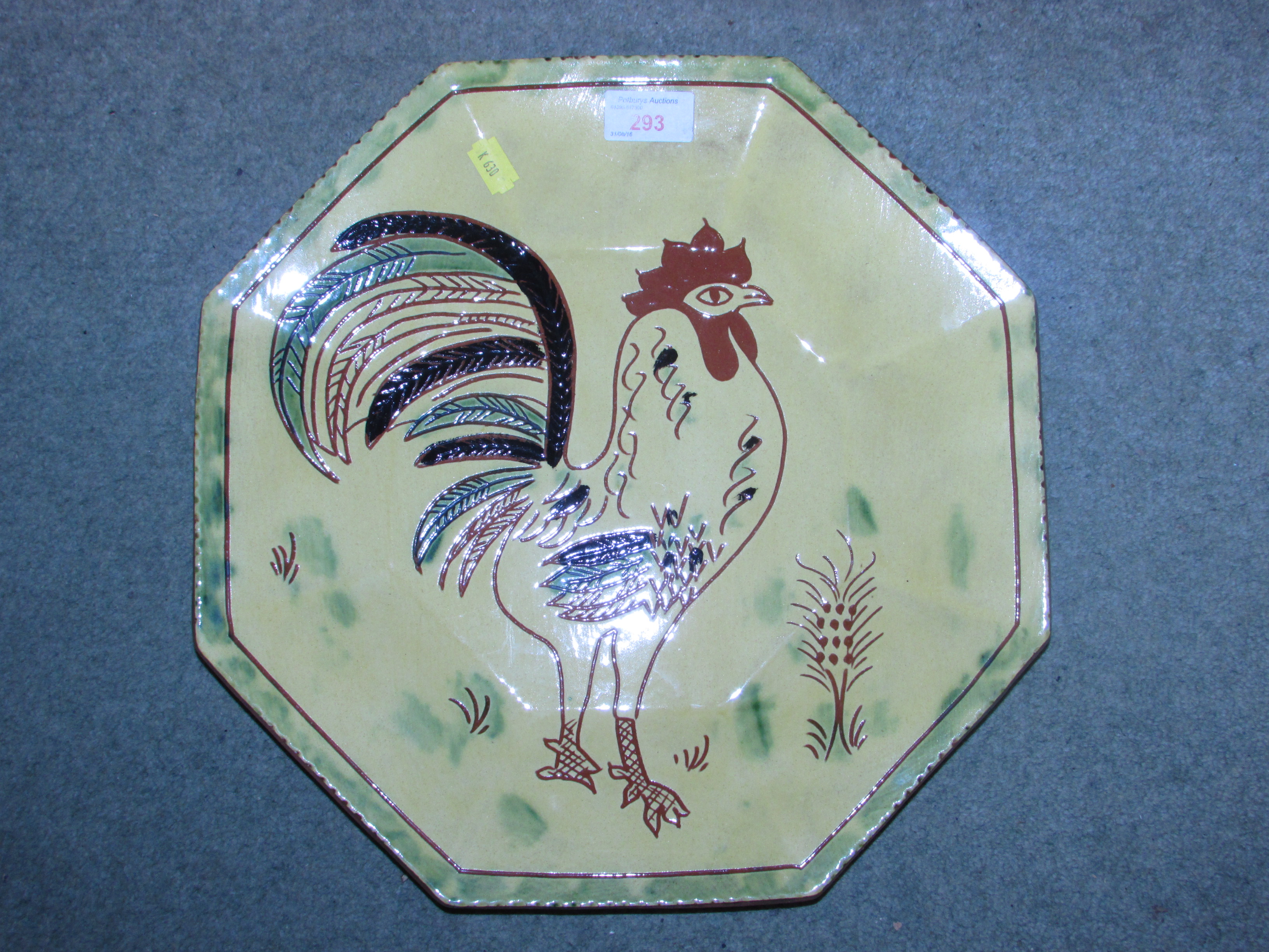 HEXAGONAL PLATTER WITH SCRAFFITO COCKEREL DESIGN BY BREININGER POTTERY, ROBESONIA, PENNSYLVANIA (