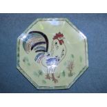 HEXAGONAL PLATTER WITH SCRAFFITO COCKEREL DESIGN BY BREININGER POTTERY, ROBESONIA, PENNSYLVANIA (