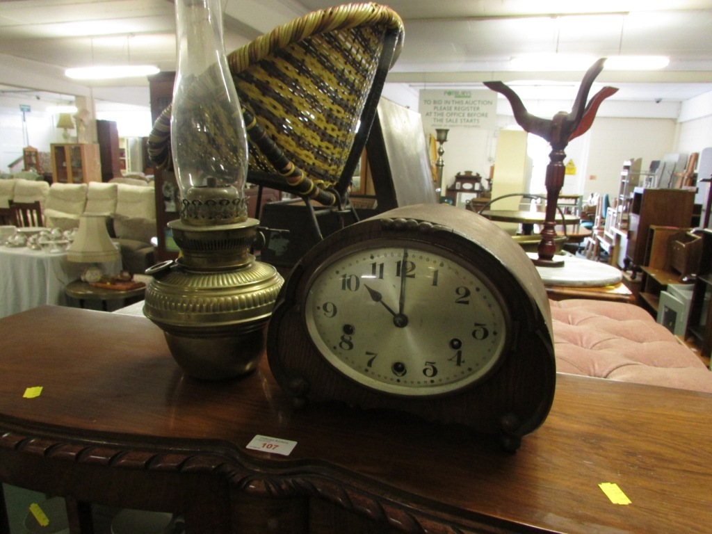 BRASS OIL LAMP WITH LENS APERTURE STYLE FILLING HOLE AND GLASS SHADE TOGETHER WITH WOOD VENEERED