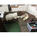 CORNER SOFA IN BROWN LEATHER AND SELF PATTERNED UPHOLSTERY WITH SCATTER CUSHIONS