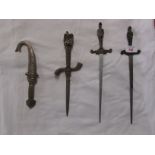 TWO ORNAMENTAL DAGGERS WITH HANDLES MOULDED AS KNIGHTS, LETTER OPENER STAMPED 'SPAIN' MODELLED AND