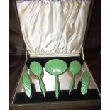 SILVER AND GREEN ENGINE TURNED ENAMEL DRESSING TABLE SET IN BOX