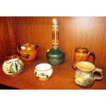 STYLIZED EARTHENWARE VASE, TWO PIECES OF DEVON POTTERY AND OTHER POTTERY ITEMS (ONE SHELF)