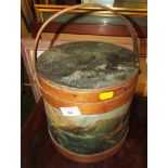 HAND PAINTED WOODEN BARREL WITH CONTENTS OF SEWING AND NEEDLEWORK ITEMS