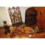 ITEMS OF TREEN INCLUDING CANDLESTICKS, GAVEL, MUSICAL CIGARETTE DISPENSER IN FORM OF GONDOLA AND