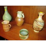 FIVE PIECES OF STUDIO POTTERY INCLUDING STEMMED VASE WITH INDIAN DESIGN, SHEPHERD'S WELL POTTERY