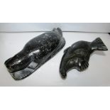 TWO INUIT STYLE DARK STONE CARVINGS OF SEALS - ONE SIGNED IOLAT, OTHER MINA E9