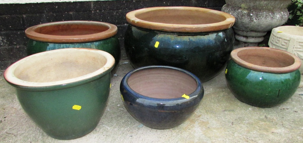 FIVE GLAZED GARDEN PLANTERS