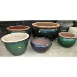 FIVE GLAZED GARDEN PLANTERS